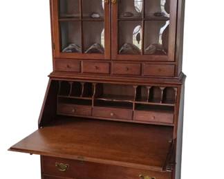 Vintage Henkel Harris Georgian Carved Mahogany Drop Front Secretary Desk with Bookcase Hutch