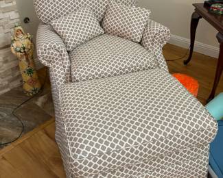 Cute Beige and White Club Chair and Ottoman - Great Condition