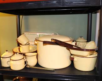 Vintage Metal Enamelware Large Stock Pot, Cups, Bowls Pots.....   Yellow with Brown Trim