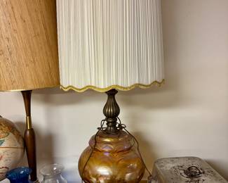 Mid century amber glass lamp. Two available on site 