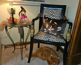 Metal/Glass Leaf Accent Table & Black Lacquer Gold Accent Leopard Armchair Chair!