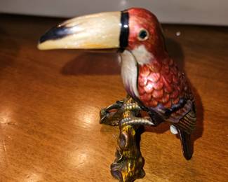Vintage Toucan Parrot Bird Enamel and Iron Hinged Jewelry Trinket Box!