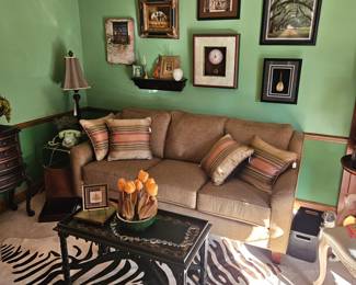 Lazy Boy Brown Linen Look Couch, Zebra Printed Cow Hide Rug, Stenciled Black Coffee Table!