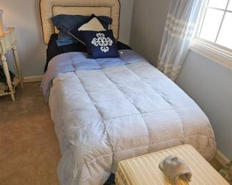 Upholstered Twin Headboard w/ Frame & Mattress,
Blue & White Striped Comforter w/Skirt & Shams!