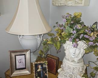 Grey Swan Handle Porcelain Lamp, Resin Lady Head Planter W/Base, Etc!