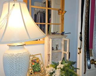 Mirror with Illusion Window, White Porcelain Lace Lamp
Distressed Display Cabinet!