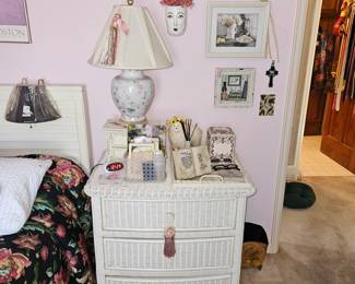 White Wicker Night Stand, Floral Ginger Jar Lamp, Etc!