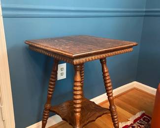 Victorian style oak square top table with spiral legs.