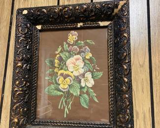 Vintage floral painting in vintage frame.