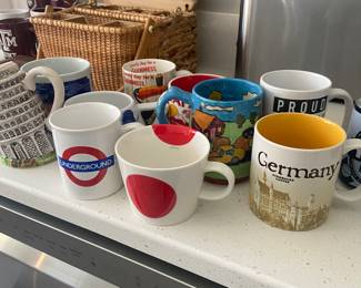 Starbucks travel mugs.