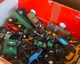 Large selection of toy trucks.