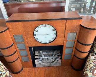 Art Deco Streamline Fireplace Mantel with faux fire.