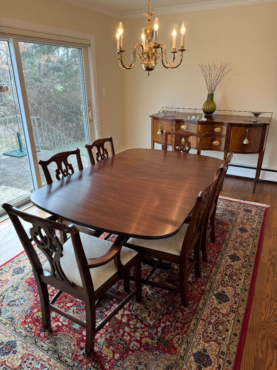 Henkel-Harris Mahogany Rounded Rectangular 2 Pedestal Dining Table in Perfect Condition (44"W x 29-1/2"H x 68"L with 4 Leaves 12"L each) & Henkel-Harris Mahogany Dining Chairs (2 Armchairs & 4 Side Chairs) &  Virginia Galleries by Henkel-Harris 2 Drawer / 2 Door Sideboard (66"W x 26"D x 42"H)