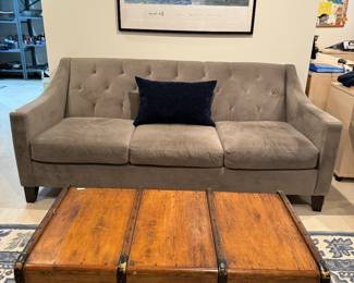 Maxhome Tufted Microsuede 3 Seat Upholstered Sofa (36"D x 76"W x 32" Back Height) & Antique Paul Romand Fils Traveling Trunk (42-1/2"W x 23"D x 13-1/2"H)