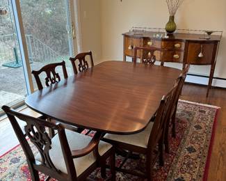 Henkel-Harris Mahogany Rounded Rectangular 2 Pedestal Dining Table in Perfect Condition (44"W x 29-1/2"H x 68"L with 4 Leaves 12"L each) & Henkel-Harris Mahogany Dining Chairs (2 Armchairs & 4 Side Chairs) &  Virginia Galleries by Henkel-Harris 2 Drawer / 2 Door Sideboard (66"W x 26"D x 42"H)
