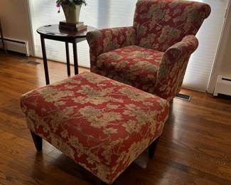 Crate & Barrel Floral Upholstered Armchair (36"D x 34"W x 35" Back Height) with Ottoman (30"W x 23"D x 17"H)