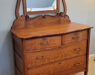 Antique Oak 5 Drawer Dresser with adjustable mirror