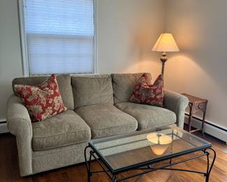 Crate & Barrel Upholstered 3 Seat Sofa (42"D x 90"W x 31" Back Height) & Iron Base with Glass Top Rectangular Coffee Table (22"D x 42"W x 19"H)