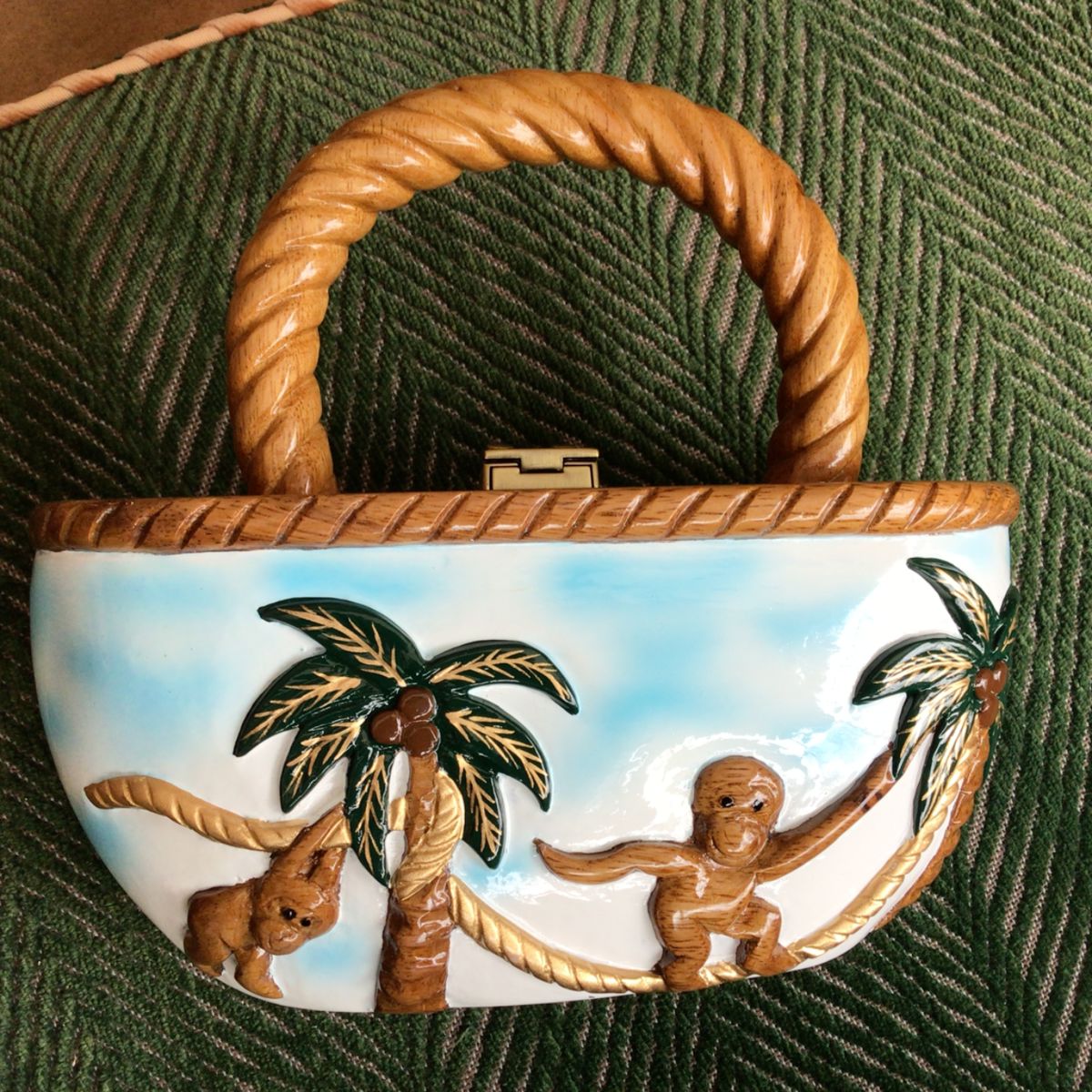 TIMMY WOODS BEVERLY HILLS Vintage wooden carved and painted handbag. $490