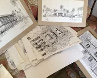 Original signed BILL OLENDORF pen and ink drawings of Chicago, Florida, & Europe. Unframed $65 each