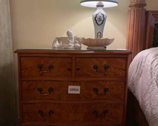 Walnut bachelor chest of drawers, Kaiser bird figurines, Lenox Harvest centerpiece bowl, Lenox Symphony bowl, Vintage As You Like It porcelain lamp