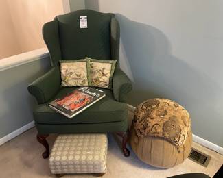 Highland House wingback chair, Picasso book by Robin Langley Sommer, Bird throw pillows, Upholstered footstool