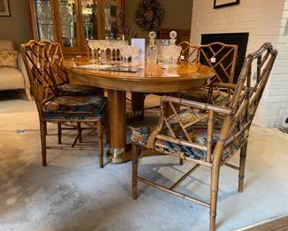 Set of six Chippendale chairs (BL), Waterford claret set, Waterford decanter, Waterford wine glass set (A), Waterford wine glass set (B), Wrought iron wine holder, Woodtone dining table