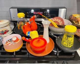 Pots,  Pans, Pyrex juice pitcher, Tupperware measuring cups, Tupperware peppermill, Tortilla warmer

