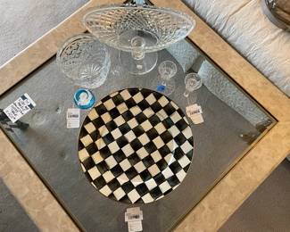 Marble and glass top wrought iron coffee table, McKenzie-Childs Serving Tray, Waterford Crystal Candlesticks, Waterford ice bucket, Crystal banana bowl
