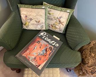 Highland House wingback chair, Picasso book by Robin Langley Sommer, Bird throw pillows
