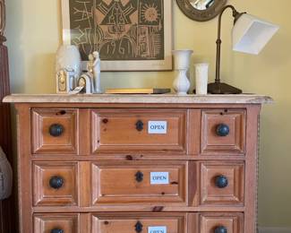 Thomasville Santiago stone top dressers,  Wood framed beveled mirror, Kaiser bisque porcelain vases, Lenox Swirl Sexton Clock, Lenox wedding promises figurine, Needlepoint Framed Pansies, Signed Pablo Picasso 