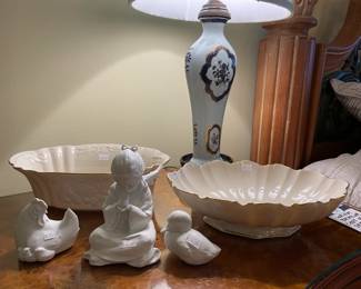 Kaiser bird figurines, Lenox Harvest centerpiece bowl, Lenox Symphony bowl, Vintage As You Like It porcelain lamp
