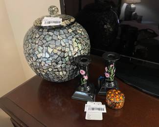 Mrs. Delany's Flowers candle holders, Ceramic and abalone lidded vessel, rinket box