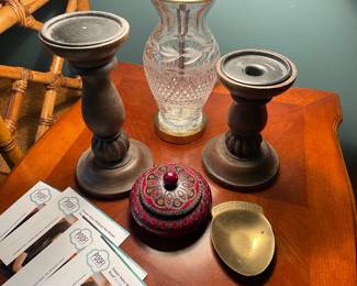 Wooden pillar candle holder, Waterford table lamp