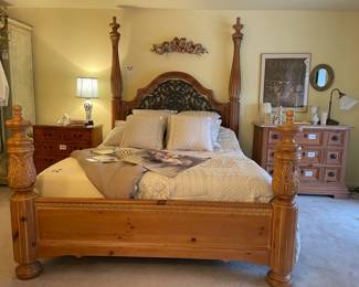 Walnut bachelor chest of drawers, Kaiser bird figurines, Lenox Harvest centerpiece bowl, Lenox Symphony bowl, Vintage As You Like It porcelain lamp, Tempur-Pedic queen size mattress, box spring, and lift,  J Queen Lazlo bedding queen set
