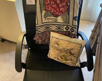 Ikea Renberget office chair, Month Flower blanket, Bird throw pillows