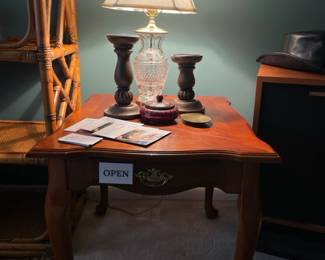 Wooden pillar candle holder, Waterford table lamp
