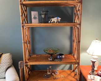 Iron lantern candle holder, Chippendale style rattan etagere