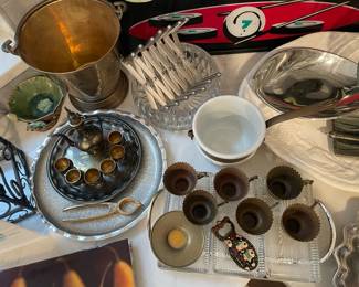 Brass ice bucket, Pfaltzgraff silver tray, Brass teacups, Brass ice bucket, Pfaltzgraff silver tray, Brass teacups, Bottle opener, Condiment dish