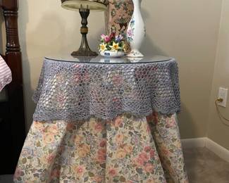 Partylite table lamp tealight, Doiley and glass round table, Partylite table lamp tealight, Maitland-Smith porcelain butterfly vase, Aynsley bone china bud vase