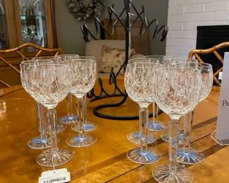 Waterford wine glass set (A), Waterford wine glass set (B), Wrought iron wine holder


