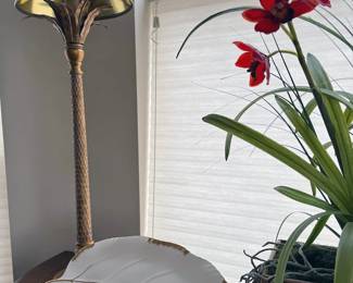Table lamp, decor + faux floral arrangement