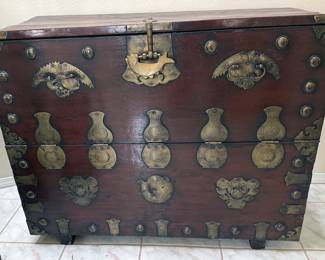 Vintage Korean wood + brass chest