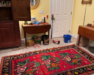 Rug - 51.5 x 96 very unusual Bright Pink to Red and don’t remember the age. A rug person will know. Early 20th, late 1819z we definitely didn’t but a newish rug…
Old Stool, Ottoman -not sure of age. VERY expensive fabric which no one will care about. $3O0 incredible deal