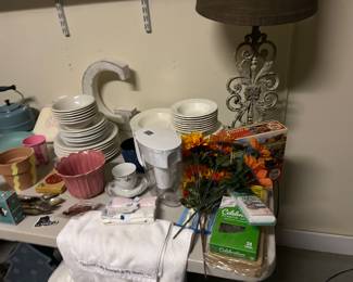 Dishes, towels, and pottery