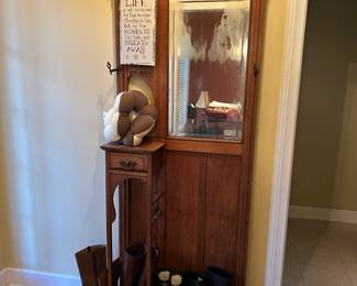 Hall tree, boots, and slippers