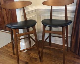 Pair of Brand New Bar Stools Solid Walnut Toned with Black Vinyl Seats