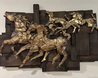 Mid Century Finesse Originals Galloping Horses Fiberglass Sculpture on Patchwork Wood