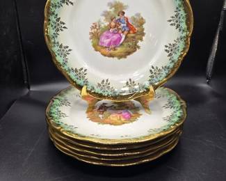 6 Vintage Fragonard 10in Bavarian Romantic Scene Plates with Gold Edging