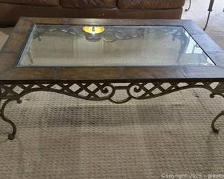 Nice Rectangular Leather and Iron Coffee Table with Glass Insert Top